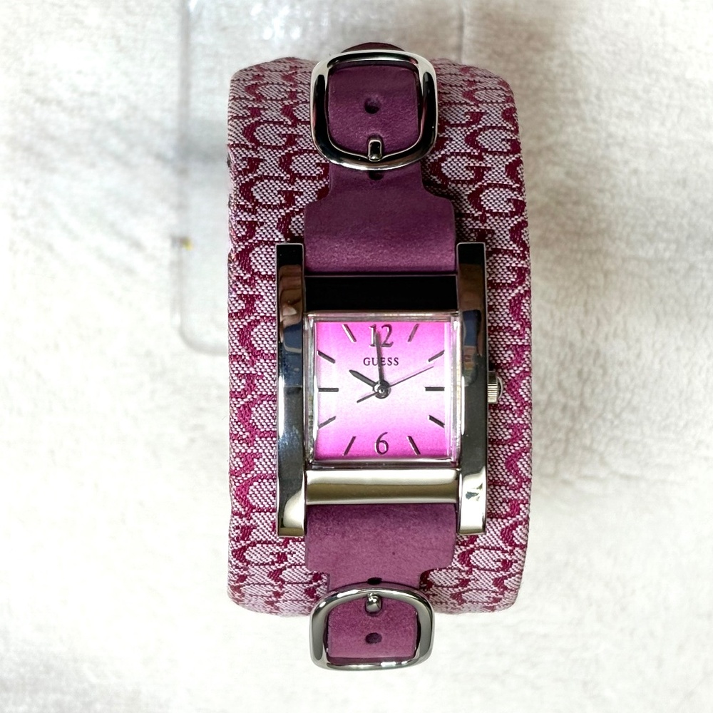 Vintage GUESS Logo Pink Watch G56053L–Wide Cuff Band–Silver-Tone Buckle–Y2K NWT